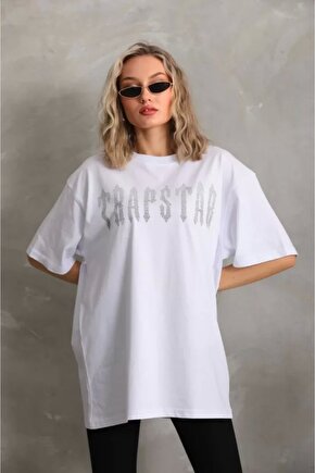 Unisex Taş Desenli Oversize Thirt Beyaz