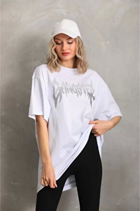 Unisex Taş Desenli Oversize Thirt Beyaz