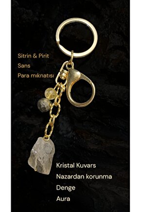 Doğal Taş Anahtarlık Kristal Kuvars Sitrin Pirit Para Bereket Koruma 8mm 2 cmm çelik zincir