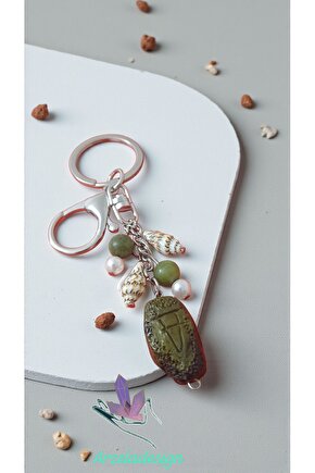 Doğal Taş Yesim Midye vu Boncuk Uçlu Anahtarlık Bolluk Bereket Enerjisi