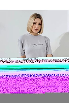 Unisex Bisiklet Yaka Baskılı lim Fit Thirt Boyalı Gri