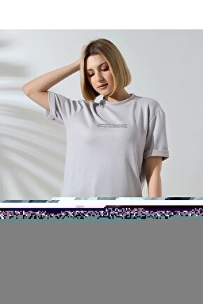 Unisex Bisiklet Yaka Baskılı lim Fit Thirt Boyalı Gri