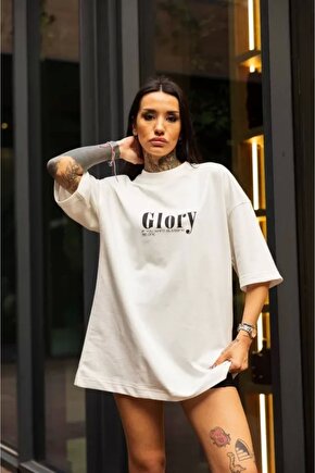 Unisex Bisiklet Yaka Baskılı Oversize Thirt  Beyaz