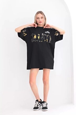 Unisex Bisiklet Yaka Baskılı Oversize Thirt  iyah