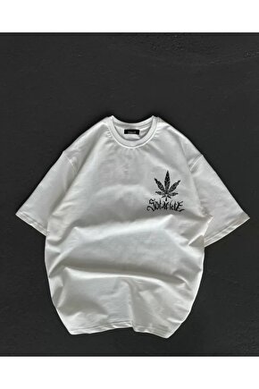 Unisex Bisiklet Yaka Baskılı Oversize Thirt  Beyaz