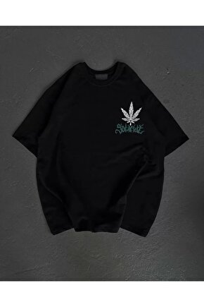 Unisex Bisiklet Yaka Baskılı Oversize Thirt  iyah