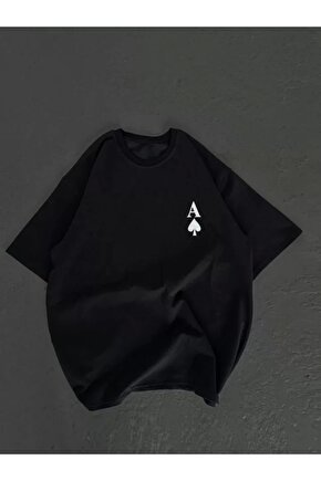 Unisex Bisiklet Yaka Baskılı Oversize Thirt  iyah