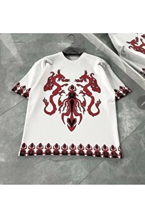 Unisex Bisiklet Yaka Baskılı Oversize Thirt  Beyaz