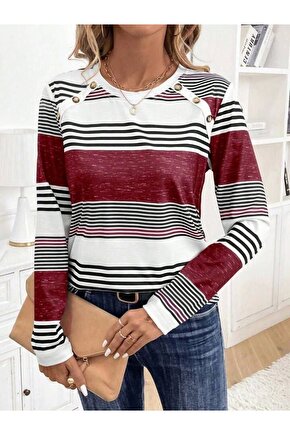 Kadın Uzun Kollu Bisiklet Yaka Düğme Detaylı Desenli Süprem Bluz