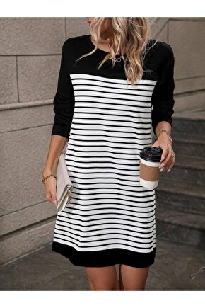 Kadın Bisiklet Yaka Uzun Kol çizgili Iki Iplik Kumaş Mini Boy Elbise