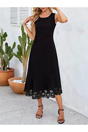 Kadın Kolsuz Etek Ucu Lazer Kesim çiçek Desenli Midi Boy Ithal Krep Elbise