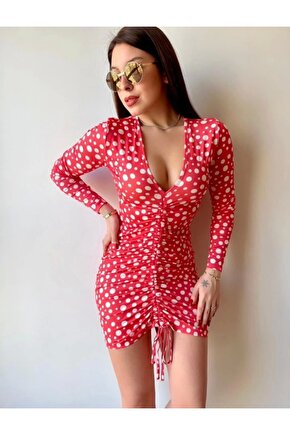 Kadın V Yaka önü Asansör Büzgü Detay Fırsat ürün Puantiyeli ini Elbise