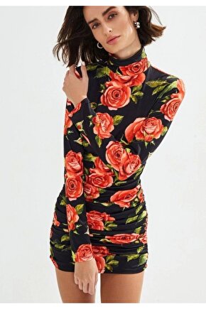 Kadın Balıkçı Yaka Gül Baskılı Fırsat ürün ini Elbise