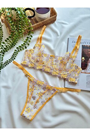 Lila Sarı Çiçek İşlemeli Brode Sütyen Takımı