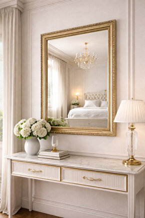 Bej Renk Eskitme Altın Klasik Çerçeveli Ayna-9cm Çerçeve Kalınlığı-Barok Desenli (Özel Ölçü)