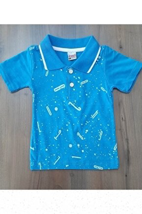 Mavi Baskılı Yakalı Kısa Kollu T-shirt