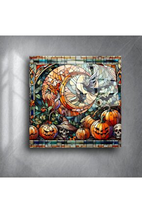 Balkabağı ve Hilal Ay Temalı Halloween Vitray Duvar Paneli