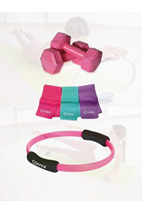 3lü Pilates Seti Evde Spor Direnç Lastiği Pilates Çemberi 2x1 kg Dambıl Evde Pilates Seti