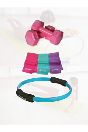 3lü Pilates Seti Evde Spor Direnç Lastiği Pilates Çemberi 2x1 kg Dambıl Evde Pilates Seti