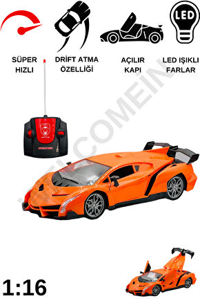 Oyuncak Kapıları Ve Bagajı Açılan Uzaktan Kumandalı Drift Arabası Süper Hızlı 1:16 Işıklı Spor Araba