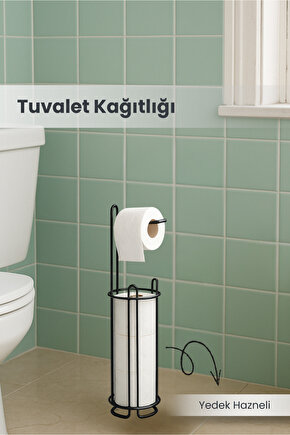 Ayaklı Yedekli Metal Tuvalet Kağıtlığı - Siyah Tel Tasarım - Banyo Düzenleyici