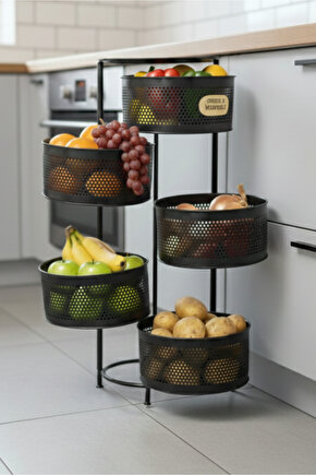 Kule Sebzelik 5 Katlı Tepsili Açılır Metal Patates Soğan Meyvelik Sepetli Rafı Siyah