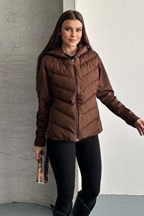 Kadın Kahverengi Kapüşonlu Termal Şişme Mont - Yeni Sezon Range Rover Mom ZR Stil Mont