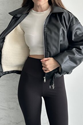 Kadın İçi Kürklü Suni Deri Ceket - Oversize İçi Peluş Astarlı Premium Biker Mont