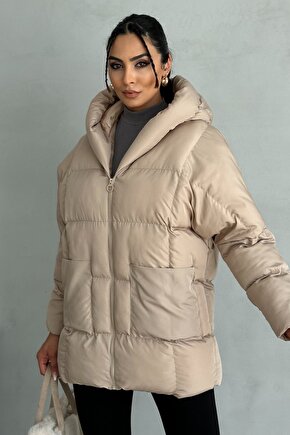 Puffer Yarasa Şişme Bej Oversize Mont