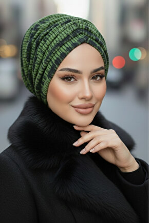 Haki Siyah Desen Büzgülü Salaş Bone