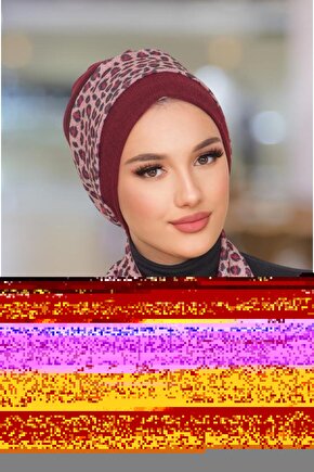 Bordo Leopar Desen Fularlı Bone