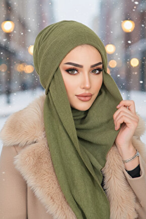 Haki Triko Kelebek Bone Şal