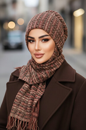 Taba Çizgili Triko Kelebek Bone Şal