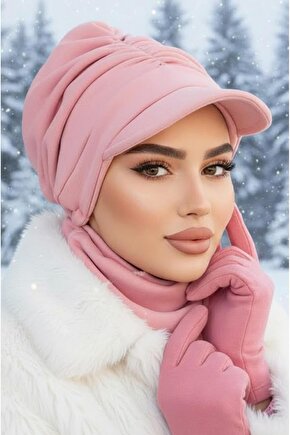 Pudra Kışlık Büzgülü Tesettür Şapka Ve Etol Takım