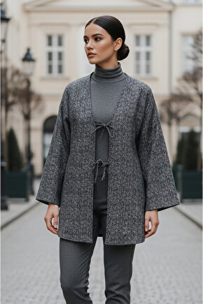 Antrasit Kırçıllı Önü Bağlamalı Kimono Tunik  Likralı Ütü İstemez Kumaş