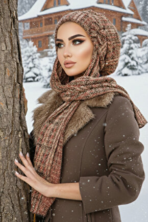 Kahve Desen Fiyonklu Tesettür Bere