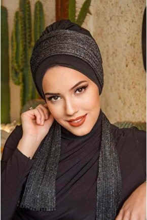 Siyah Gümüş Pilise Fularlı Bone