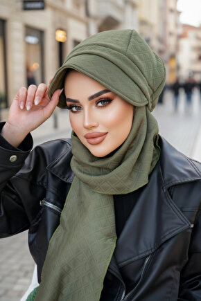 Haki Kapitone Atkılı Tesettür Şapka