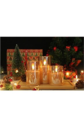 3D Mum Efektli 3lü Mum Set, Pilli Dekoratif Mum Efektli Şamdan, Masa, Gece Lambası 3lü Mum Set