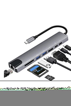 MacBook Pro Air Uyumlu USB Type-C 8in1 Hub Dönüştürücü Çoklayıcı HDMI USB Micro SD Girişli