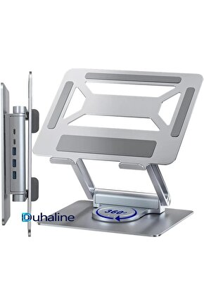 Alüminyum Metal Laptop Standı 360° Döner USB Type-C PD Şarj 2-USB 3.0 Portlu Ergonomik & Şık Tasarım