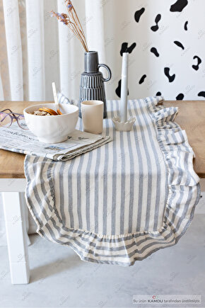 40x125 cm Vintage Fırfırlı %100 Keten Pamuklu Amerikan Runner