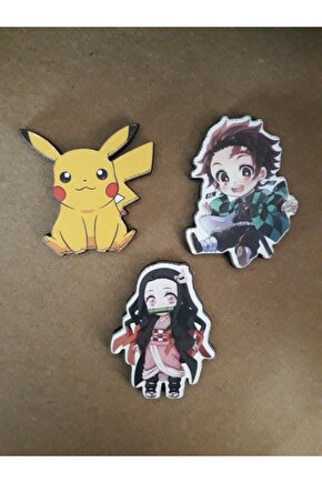 Anime Pikachu 3lü Baskılı Ahşap Mini Rozet Seti