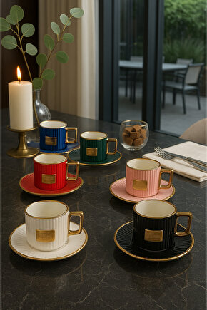 6 Kişilik 6 Renk Altın Yaldızlı Porselen Kahve Fincanı Takımı