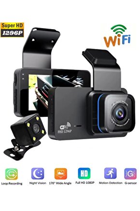 WİFİ Lİ ARAÇ İÇİ KAMERA 3 İNÇ EKRANLI ÖN VE GERİ GÖRÜŞ KAMERALI MİKROFONLU 1296P SUPER HD