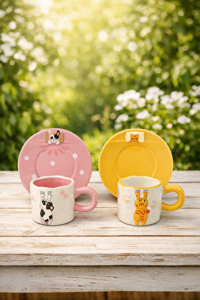 Hayvan Figürlü Seramik Fincan & Tabak Seti 2’li (Pembe İnek + Sarı Zürafa)