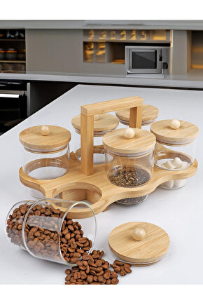 Bambulu 6’lı Cam Baharatlık Seti – Kapaklı & Kulplu Standlı Şık Tasarım