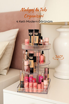 360° Döner Makyaj Organizeri Şeffaf Akrilik 4 Katlı Makyaj Düzenleyici Raf  Kozmetik Saklama Standı