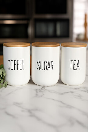 3’lü Seramik Bambu Kapaklı Beyaz Kavanoz Seti 1000 ML – Coffee  Sugar  Tea – Bambu Kapaklı