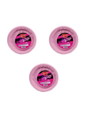 Kullan At Renkli Pembe Parti Davet Plastik Tabak - 22 Cm. - 25 Adetlik 3 Paket